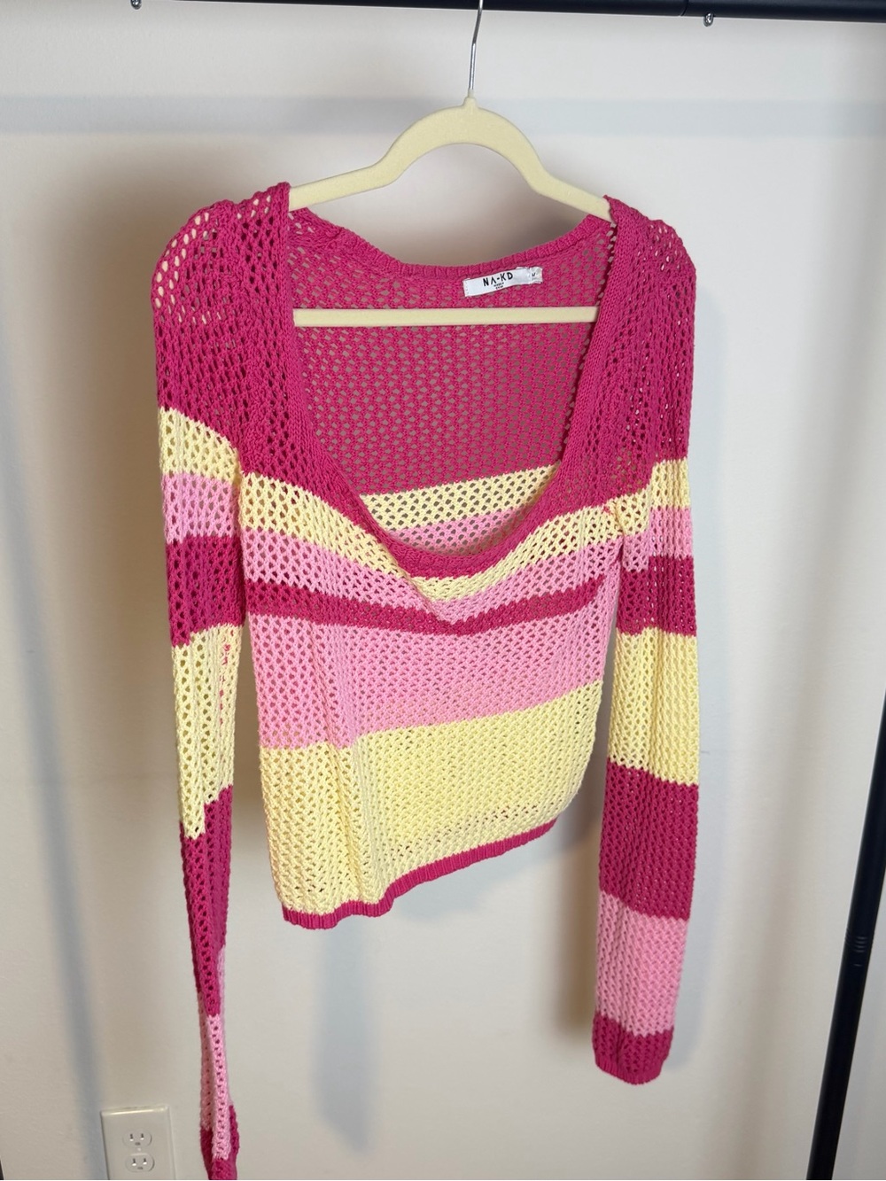 NA-KD Pink, Light Pink & Yellow Striped Off-the-Shoulder Sweater